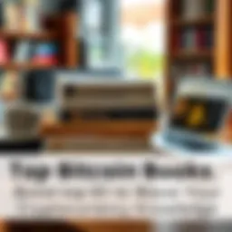 A stack of books featuring covers about Bitcoin and cryptocurrency with a laptop and coffee cup on a table