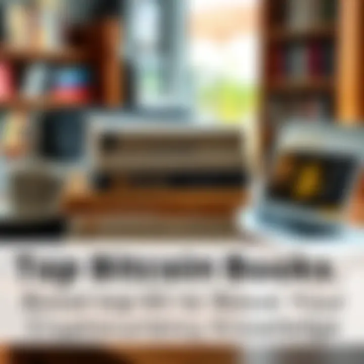 A stack of books featuring covers about Bitcoin and cryptocurrency with a laptop and coffee cup on a table