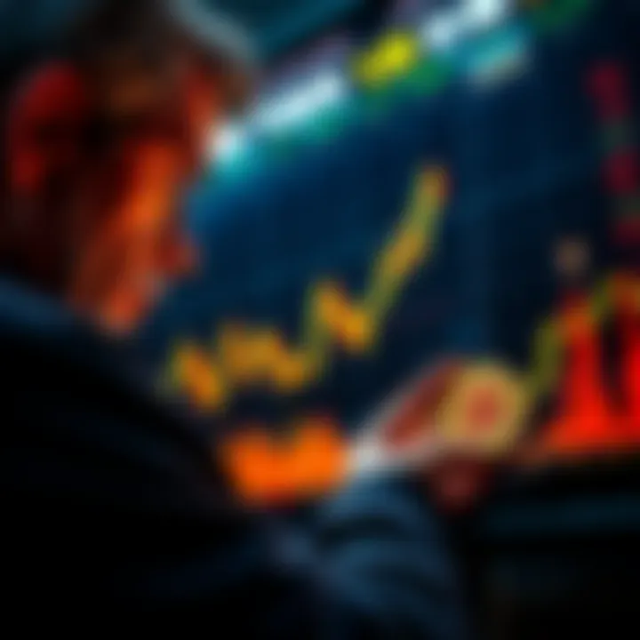 A seasoned skeptic looks at a Bitcoin chart showing bullish trends, contemplating its value against traditional stocks.