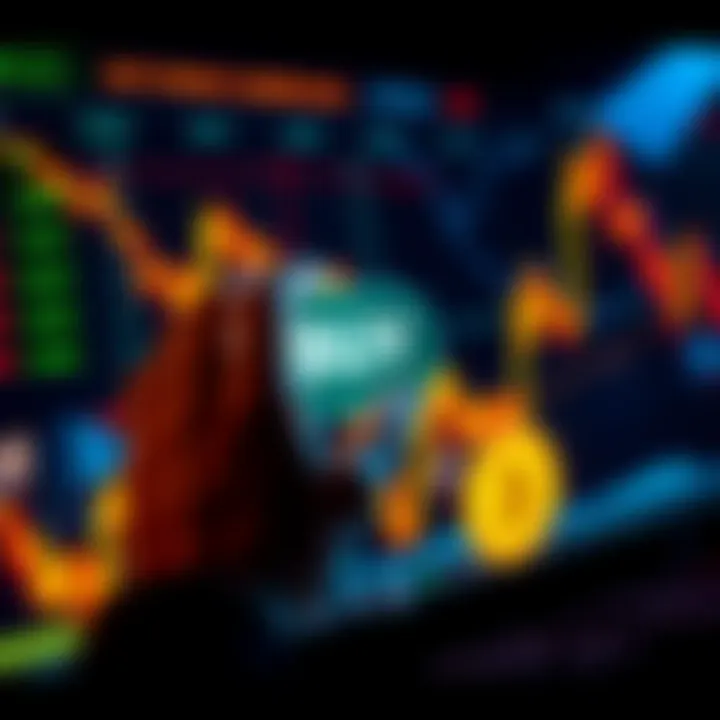 A person hovering over a buy button on a screen displaying falling Bitcoin prices, reflecting emotions of anticipation and excitement.