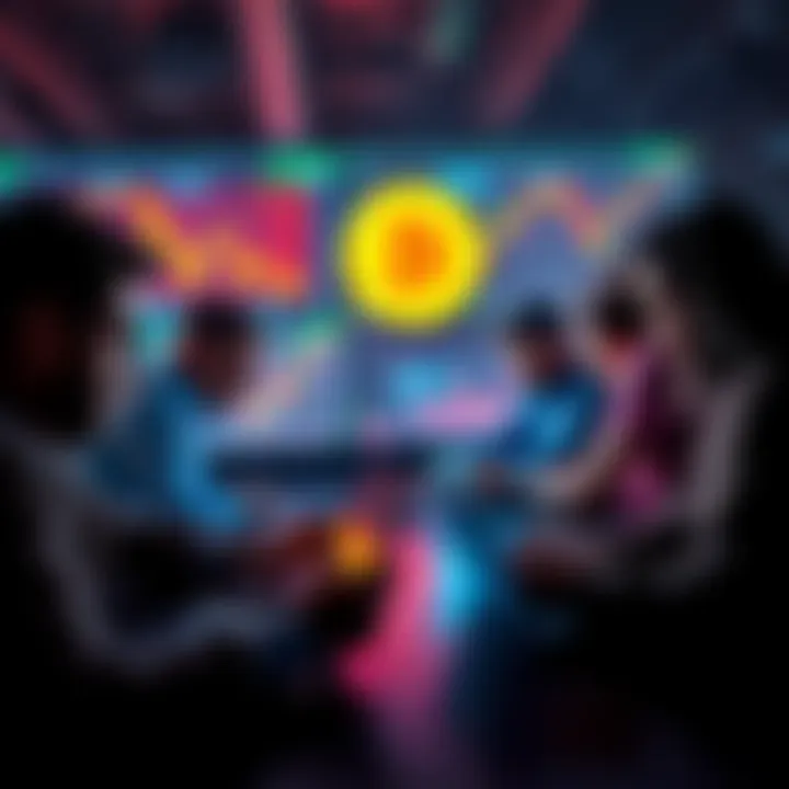 A group of people discussing Bitcoin while looking at market trends on laptops during a downturn