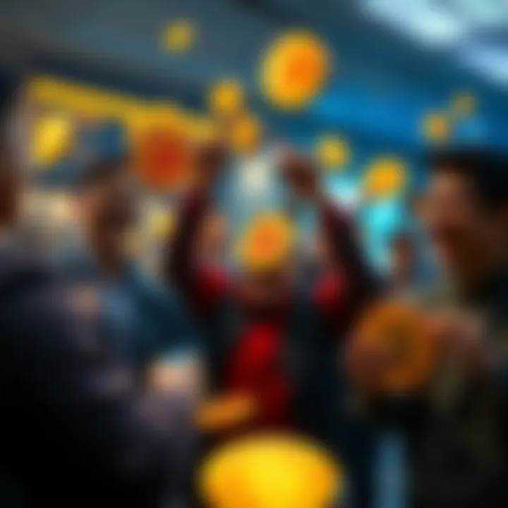 Bitcoin Buying Surge A group of people excitedly buying Bitcoin while others sell, depicting a rise in Bitcoin trading activity.