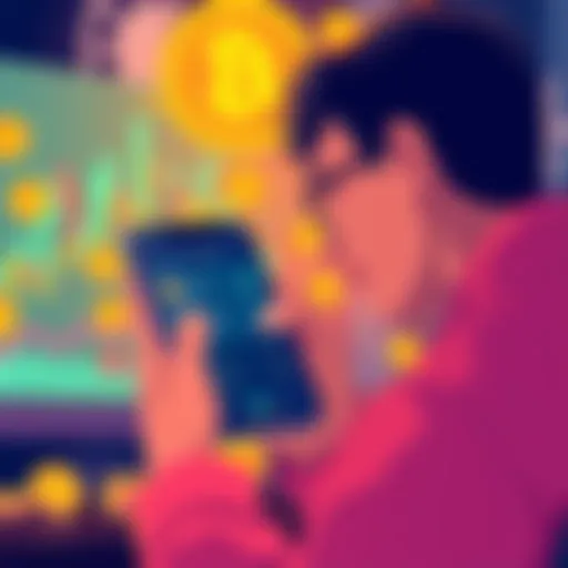 Illustration showing a person looking at a smartphone with a bitcoin wallet app and exchange options on the screen, surrounded by coins and investment charts.