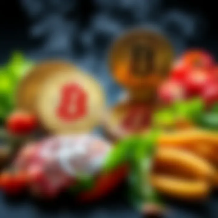 Bitcoin and Carnivore Diet Debate A graphic showing Bitcoin symbols alongside meat and vegetables, illustrating the debate between meat-based and plant-based diets in relation to cryptocurrency.