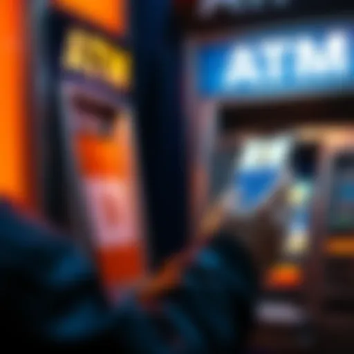 A person at an ATM looking for cash exchange options for Bitcoin, with a smartphone displaying a Bitcoin wallet app.