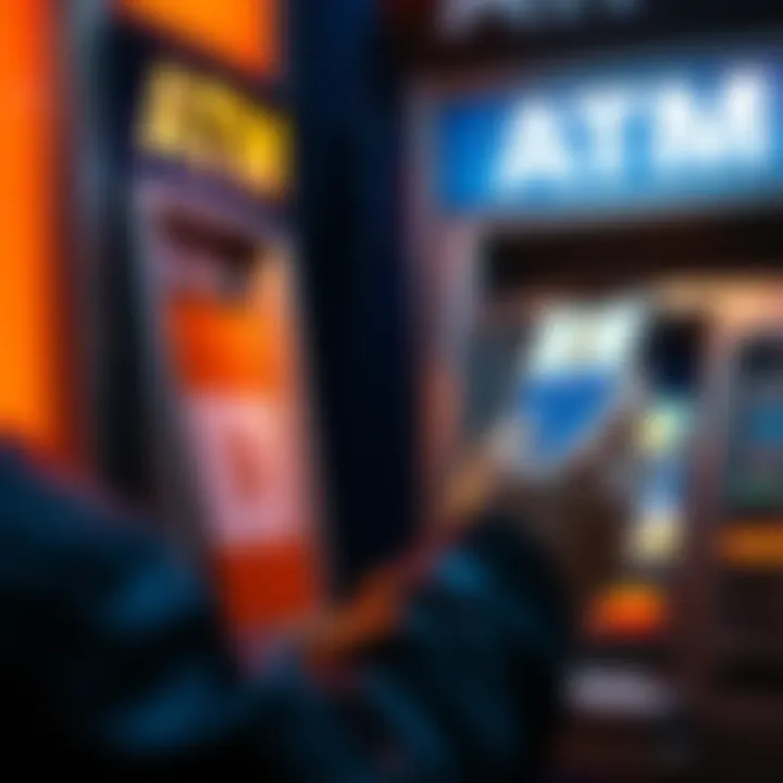 A person at an ATM looking for cash exchange options for Bitcoin, with a smartphone displaying a Bitcoin wallet app.