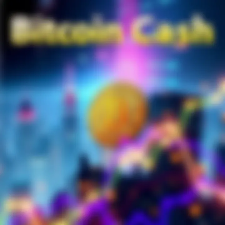 Illustration of Bitcoin Cash amidst a futuristic skyline with upward trends and digital charts.