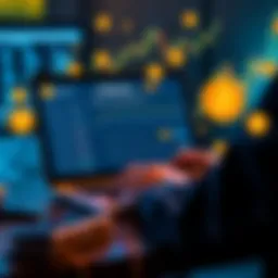A person using a laptop to compare Bitcoin cash out options on Coinbase and Strike, with Bitcoin symbols and currency exchange graphics around