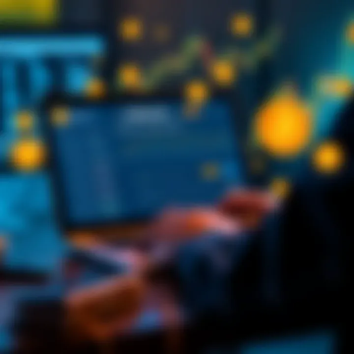 A person using a laptop to compare Bitcoin cash out options on Coinbase and Strike, with Bitcoin symbols and currency exchange graphics around