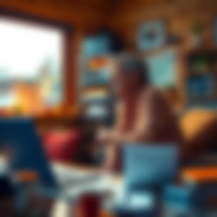 A thoughtful retiree contemplating Bitcoin conversion in a cozy workspace, surrounded by financial documents and a laptop.