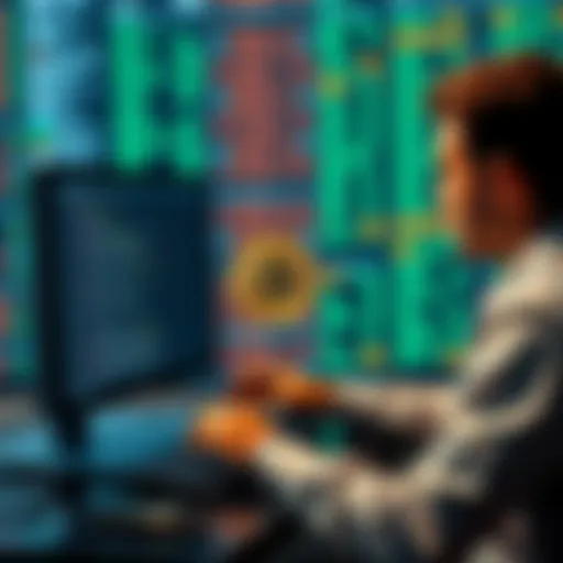 A person working on a computer with a Bitcoin-themed spreadsheet filled with codes and numbers, focused on solving a challenge to unlock Bitcoin rewards.