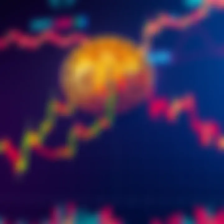 A Bitcoin price chart showing a downward trend, indicating selling pressure. The background has a digital currency theme.