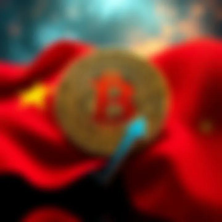 Bitcoin symbol next to China's flag with a downward arrow to show market decline