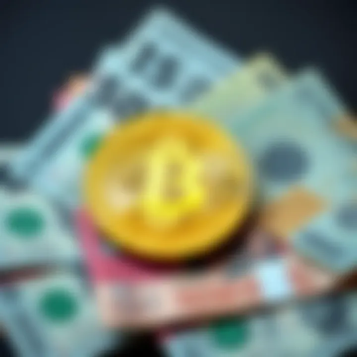 Bitcoin coin with cash notes A shiny Bitcoin coin placed on top of various cash notes, illustrating the debate between Bitcoin as currency versus investment.