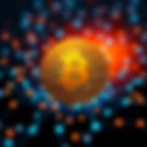 A visual representation of Bitcoin with a digital cap signifying the 21 million coin limit, surrounded by nodes symbolizing network operation.