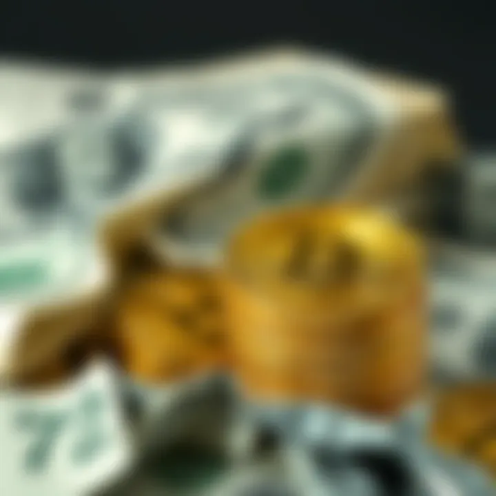 A close-up of Bitcoin coins piled next to crumpled dollar bills, highlighting the contrast between cryptocurrency and traditional money.