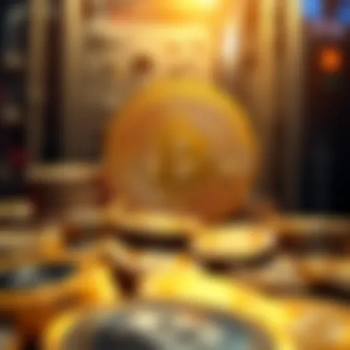 A pile of shiny Bitcoin coins representing the hard cap of 21 million, with a futuristic theme of mining technology in the background.