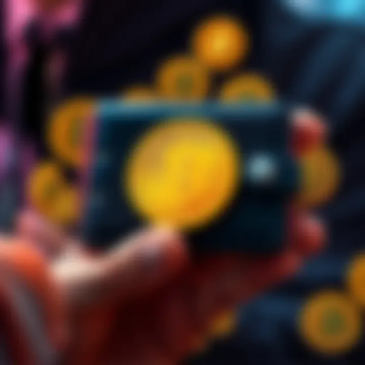 A person holding a cold wallet device with Bitcoin symbols around it, representing secure cryptocurrency storage.