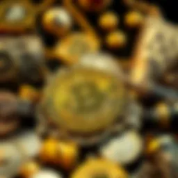 A representation of Bitcoin as a collectible item, featuring a shiny Bitcoin coin surrounded by traditional valuables like gold coins and artifacts.