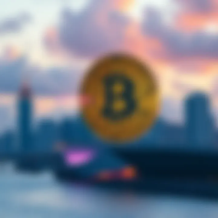 A large Bitcoin symbol with a backdrop of Miami's skyline, representing the focus on investment at Consensus 2026.