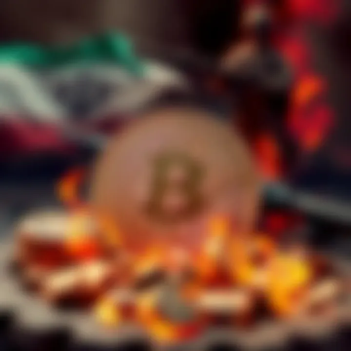 A visual representation of Bitcoin with symbols of military conflict and economic instability in the background