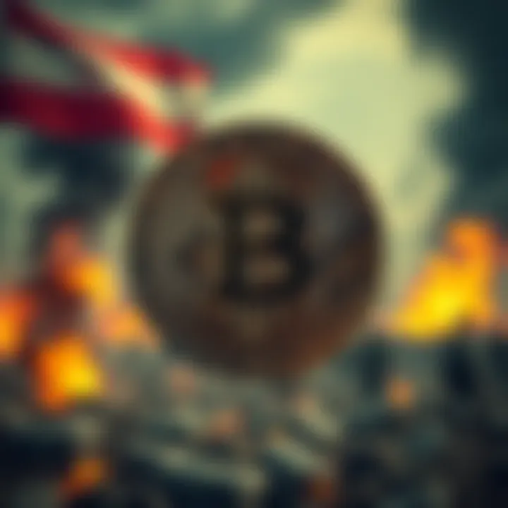 Bitcoin symbol in front of a chaotic scene representing conflict, showing its stability