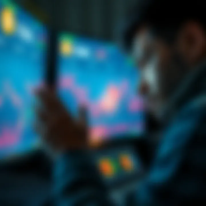 A person looking worried at a screen showing a steep decline in Bitcoin value, symbolizing the potential crash in the market.