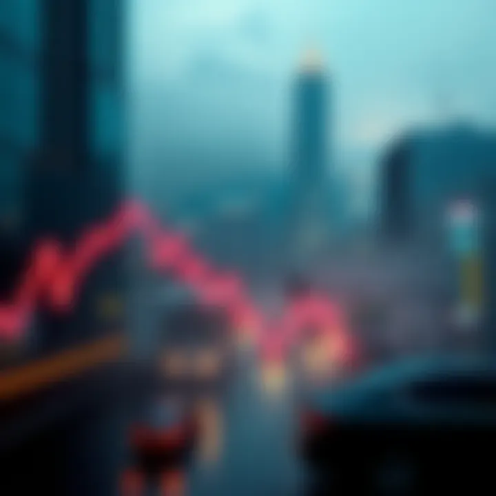 A graphic showing a downward trend line in Bitcoin prices and images of hedge fund buildings in Hong Kong