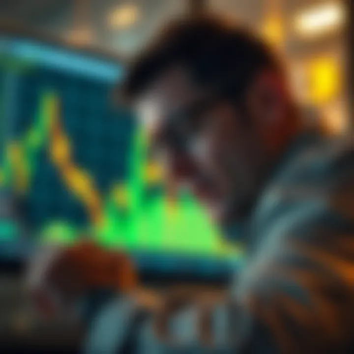 A worried investor looking at a chart showing Bitcoin price dropping 60%