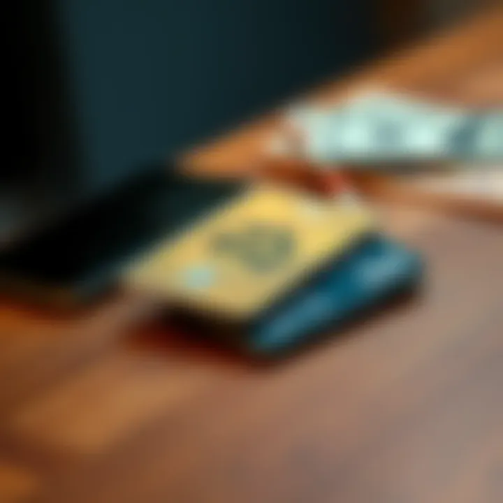 A Bitcoin Credit Card resting on a wooden table beside a smartphone and some cash, symbolizing modern spending with cryptocurrency.