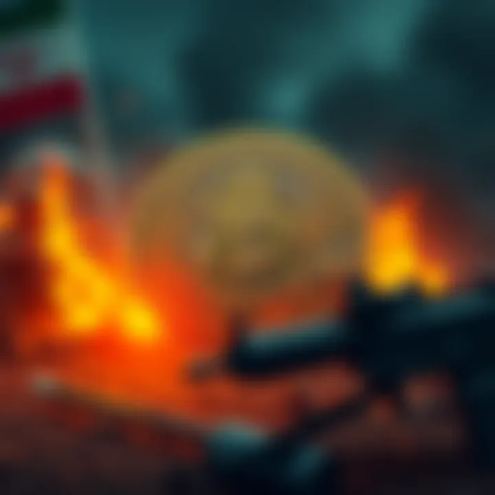 Bitcoin symbol with a backdrop of a war scene, illustrating its role as currency during conflict.