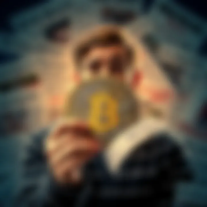 A person looking concerned while holding a Bitcoin symbol, surrounded by negative headlines about cryptocurrency.