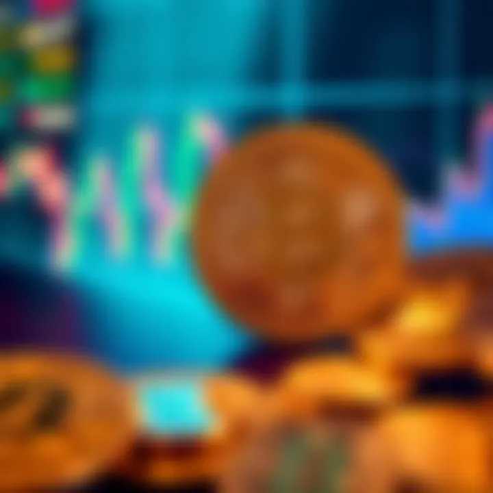 A visual of Bitcoin coins next to fluctuating market graphs, representing trends in cryptocurrency.