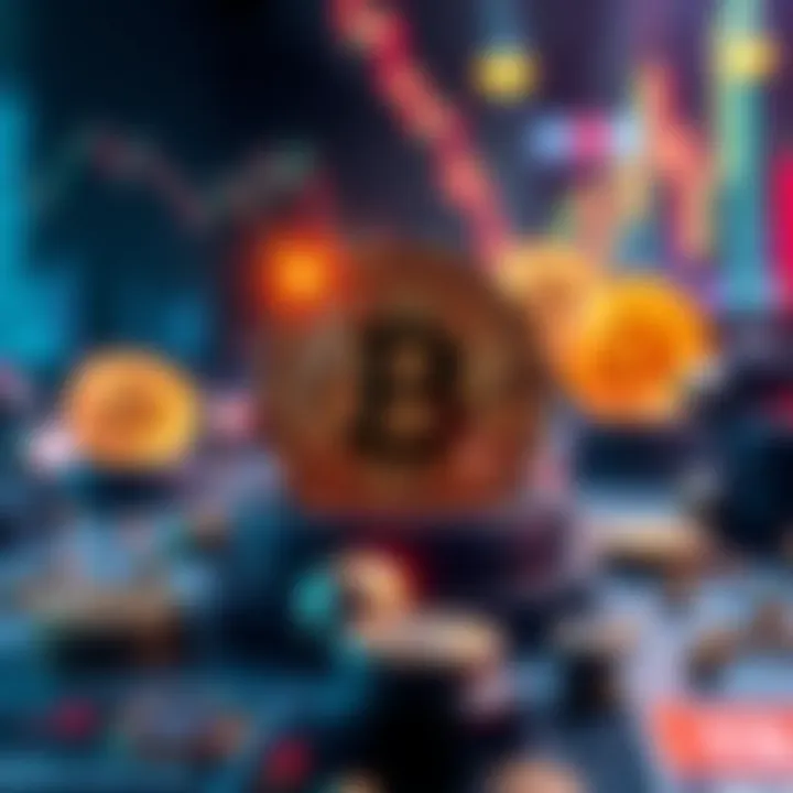 A graphic depicting three key factors affecting Bitcoin and cryptocurrency prices, with visuals of coins and market trends