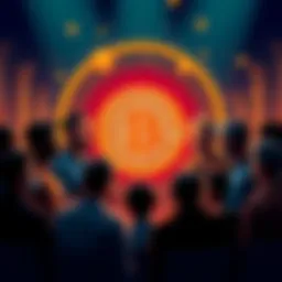 A group of diverse people discussing the impact of Bitcoin on cryptocurrency's popularity, with a Bitcoin symbol in the center
