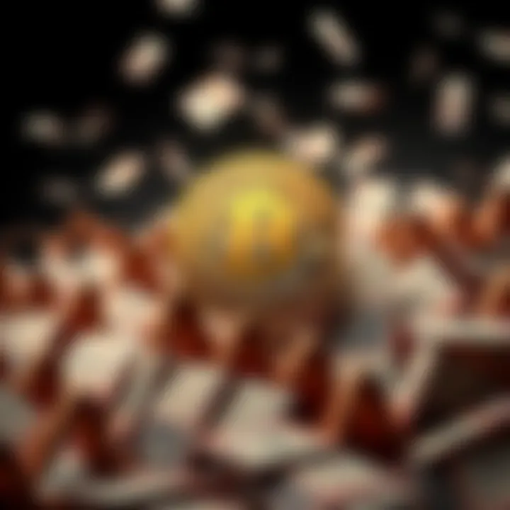 Bitcoin symbol on a declining currency background A Bitcoin symbol stands out against a backdrop of falling fiat currency notes, illustrating its resilience in economic instability.