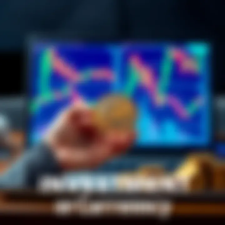 A person holding Bitcoin coins while pondering its value as a currency or an investment, with a laptop showing cryptocurrency charts in the background.