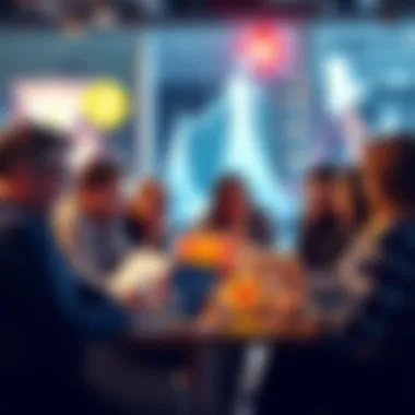 A group of people engaging in a lively discussion about Bitcoin with laptops and coffee