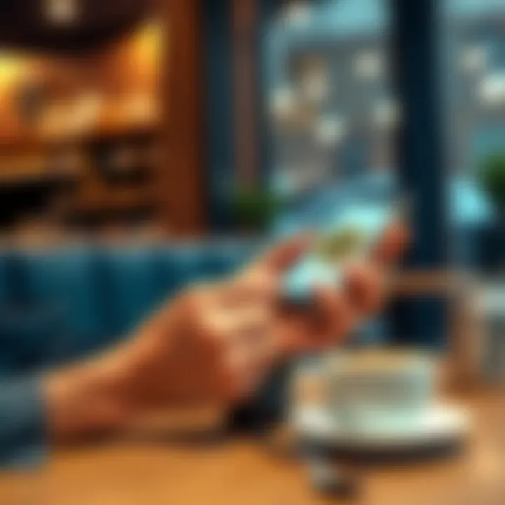 A person using a smartphone to make a Bitcoin transaction at a coffee shop.