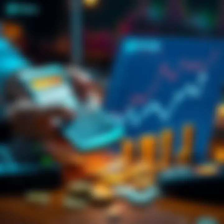 A person analyzing Bitcoin investment, holding a calculator and a chart showing gradual investment growth, while coins are visible on the table.