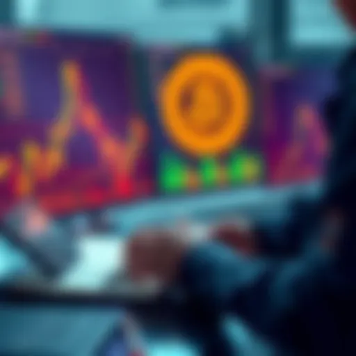 A person analyzing Bitcoin price charts with a calculator and notebook, focusing on dollar-cost averaging for investments.