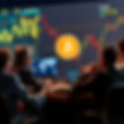 People discussing Bitcoin, with charts and graphs showing its market value and speculation around it.