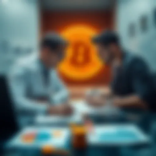 Two people discussing Bitcoin with charts and graphs on a table