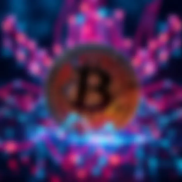 Bitcoin Symbol with Blockchain Elements A Bitcoin symbol surrounded by abstract blockchain graphics representing decentralization in finance