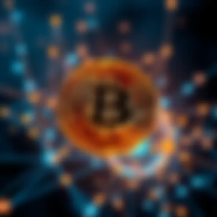 A glowing Bitcoin symbol surrounded by a network of connected nodes, representing decentralized financial systems
