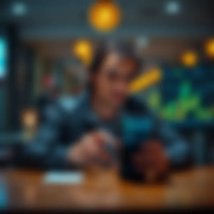 A person sitting at a table looking at a smartphone displaying Bitcoin prices, appearing contemplative about their investment choices