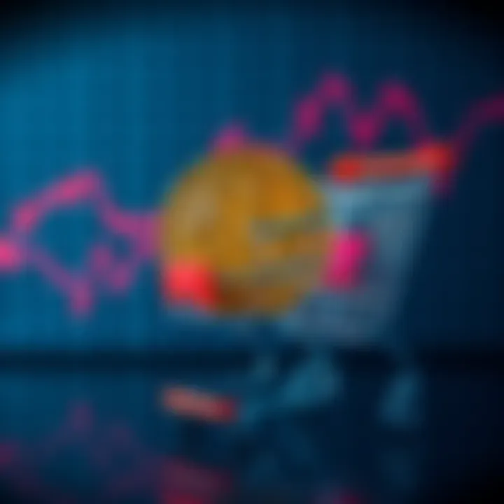 A graph showing Bitcoin's price drop with a shopping cart in the background symbolizing online purchases