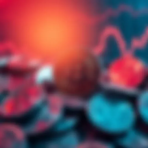 A visual representation of Bitcoin coins amidst declining economic indicators, such as falling prices and a downward stock market trend.