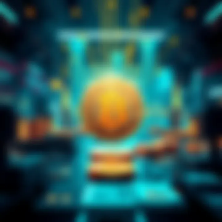 A futuristic interpretation of Bitcoin integrating with traditional finance systems.