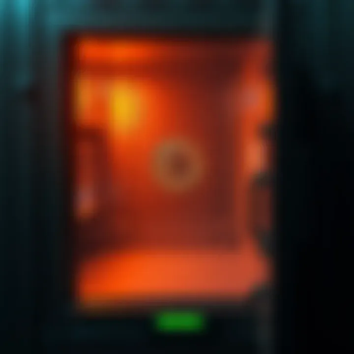 A picture depicting an empty police evidence locker with Bitcoin symbols and a digital display showing a missing status.